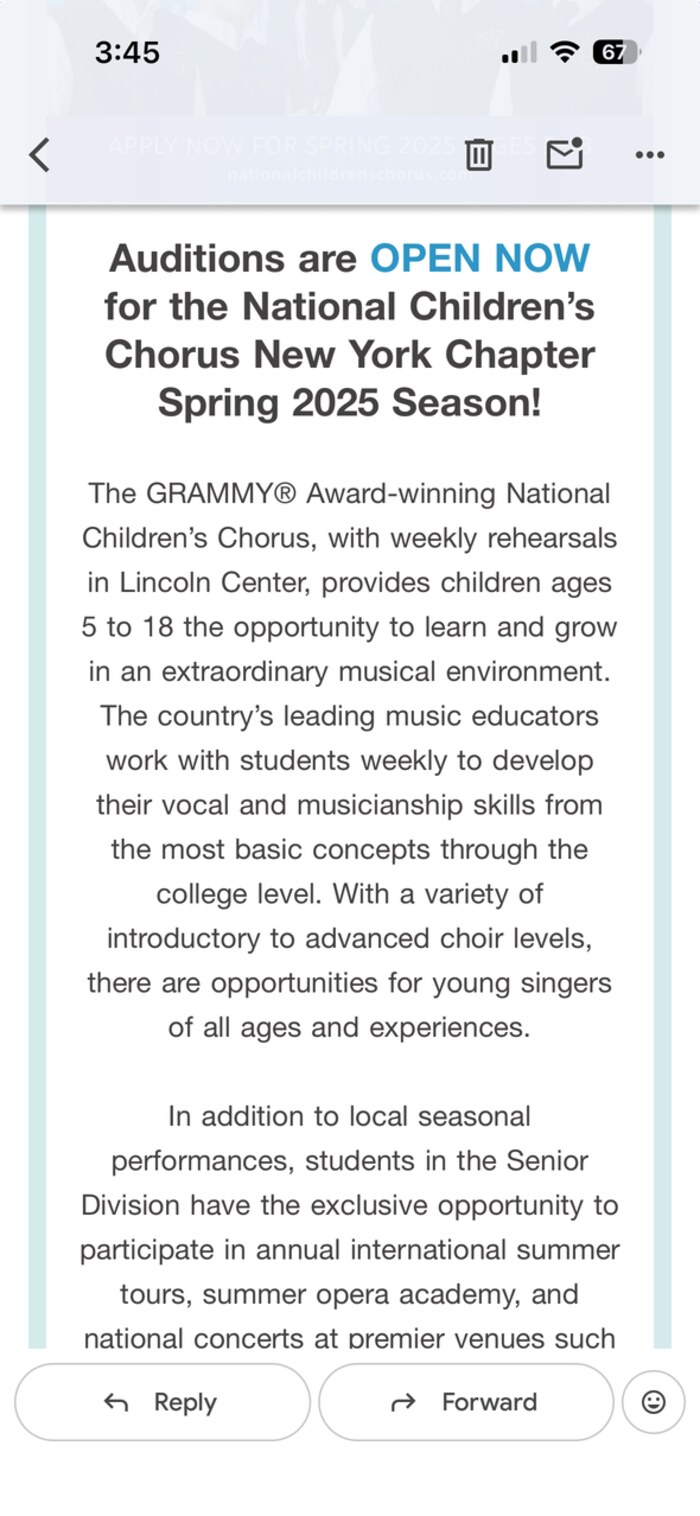 Vocal audition recruitment email on a phone screen
